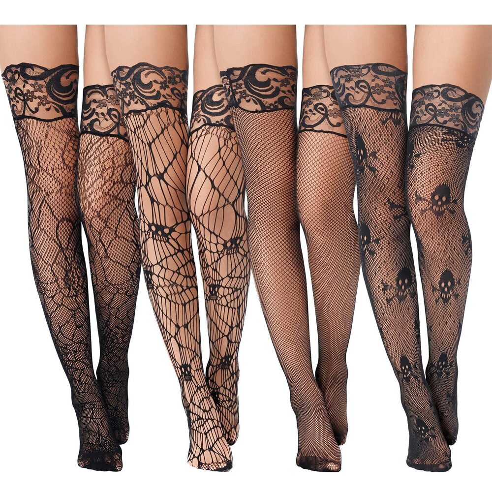 9348 4 Pairs Halloween Gothic Stockings Spider Web Tights Skull Lace
